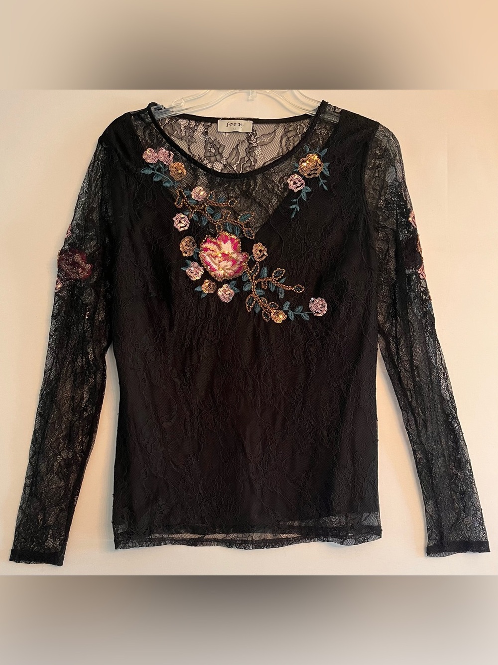 Soon Black Floral Sequined Lace Sheer Top Blouse 12